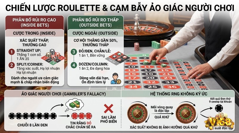 Chiến lược Roulette kết hợp cược Inside và Outside giúp cân bằng rủi ro, nhưng người chơi cần hiểu rõ xác suất độc lập để tránh ảo giác về chuỗi kết quả
