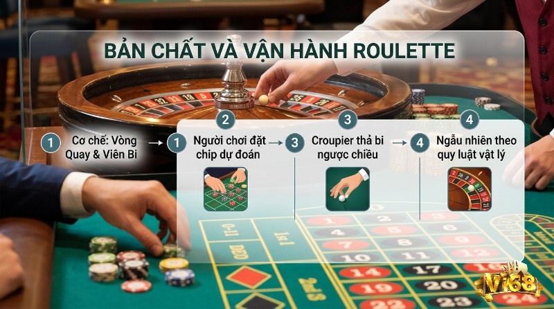 Vận hành Roulette: người chơi đặt chip trên bàn cược, croupier thả bi vào bánh xe quay, viên bi dừng ngẫu nhiên theo quy luật vật lý trong roulette là gì