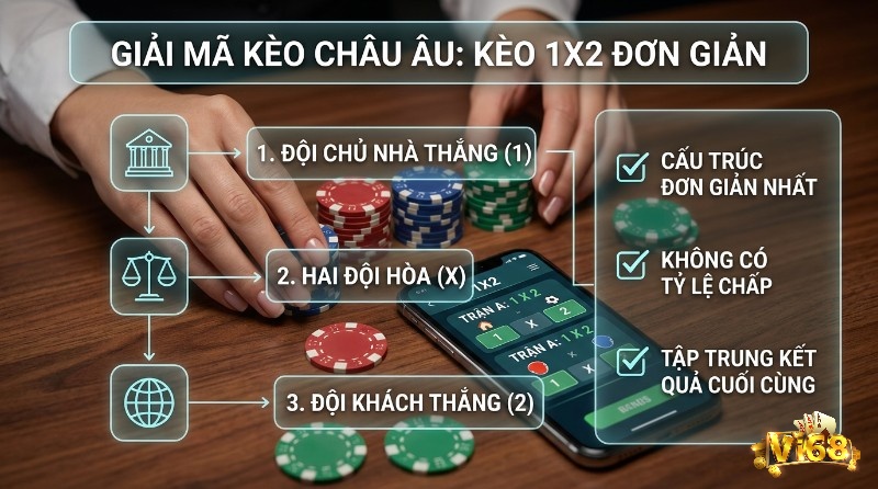 Giải mã kèo Châu Âu là gì 1X2 đơn giản với 3 lựa chọn: chủ nhà thắng (1), hòa (X), khách thắng (2), không chấp, tập trung kết quả cuối cùng