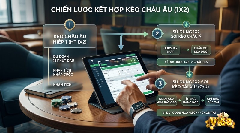 Chiến lược kết hợp kèo Châu Âu là gì 1X2: phân tích kèo HT 1X2, dùng 1X2 soi kèo Châu Á (odds 1.25 -> chấp -1.5) và Tài Xỉu (odds Hòa 4.50+ -> chọn Tài) trên máy tính bảng