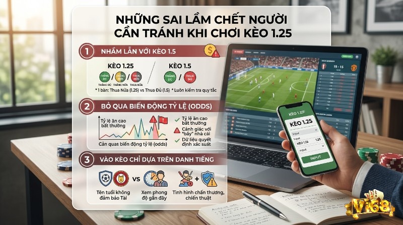 Hướng dẫn tránh sai lầm khi chơi kèo 1.25: nhầm lẫn kèo 1.5, bỏ qua biến động tỷ lệ cược, và đặt cược theo danh tiếng đội