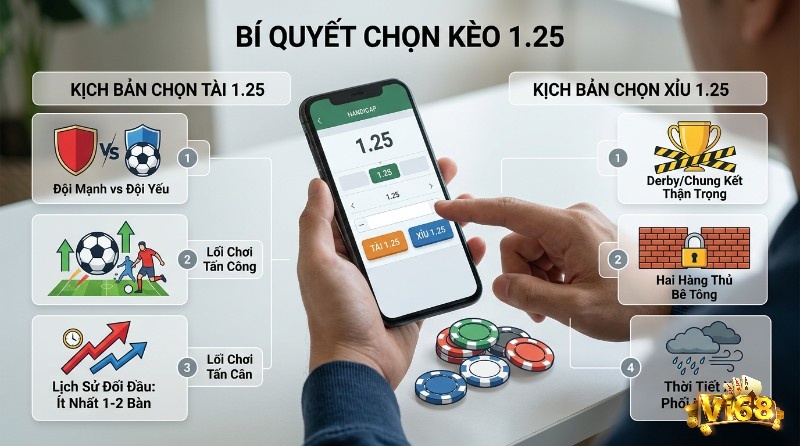 Bí quyết chọn kèo 1.25: Người dùng thao tác trên điện thoại, hiển thị kịch bản Tài (đội mạnh vs yếu, tấn công) và Xỉu (derby, hàng thủ bê tông, thời tiết xấu)