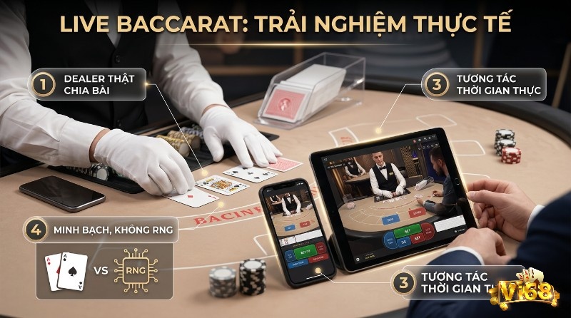 Live Baccarat là gì trực tuyến với dealer thật chia bài, tương tác thời gian thực trên điện thoại, máy tính bảng, minh bạch không RNG