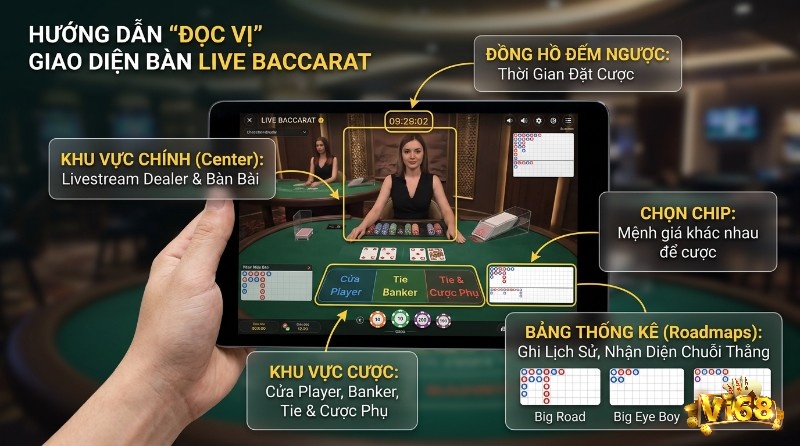 Đọc vị giao diện, Live Baccarat là gì,: dealer, khu vực cược Player Banker Tie, chip, đồng hồ, bảng thống kê Roadmaps