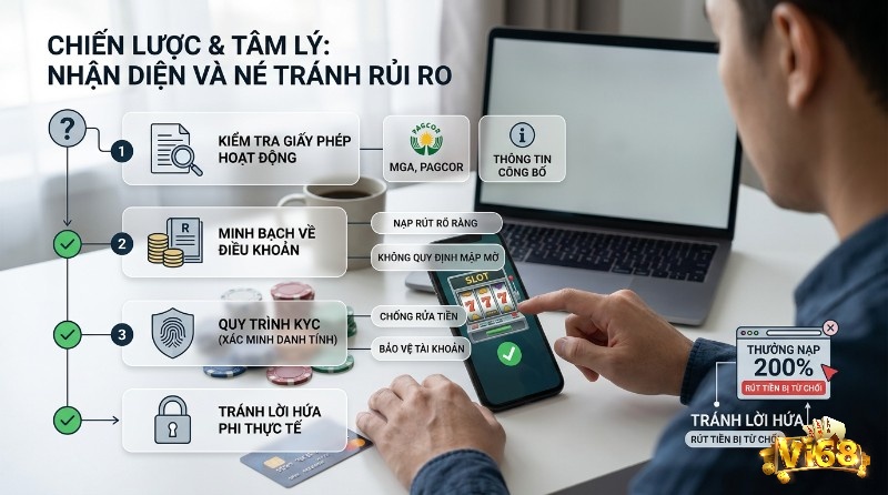 Chiến lược né tránh rủi ro tín nhiệm: kiểm tra giấy phép MGA PAGCOR, minh bạch điều khoản nạp rút, KYC xác minh danh tính, tránh thưởng nạp 200% bị từ chối