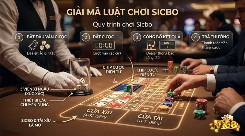 Luật chơi Sicbo là gì giải thích quy trình 4 bước: dealer lắc 3 xúc xắc, người chơi đặt chip cược trên bàn Tài Xỉu, công bố tổng điểm và trả thưởng