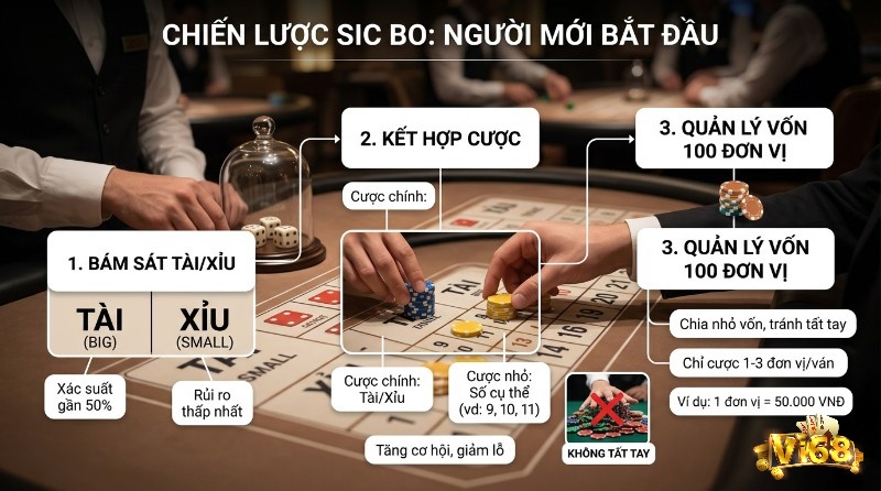 Chiến lược SicBo là gì cho người mới bắt đầu: tập trung cược Tài/Xỉu xác suất gần 50%, kết hợp cược số, quản lý vốn 100 đơn vị, chỉ cược 1-3 đơn vị, tránh tất tay