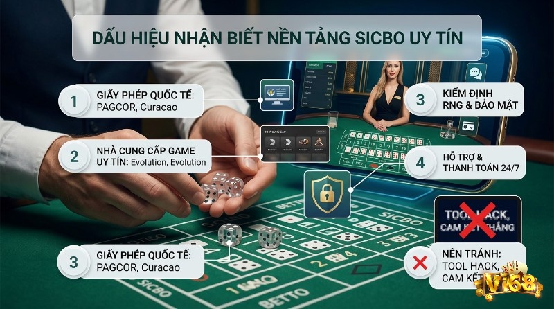 Dấu hiệu nhận biết nền tảng Sicbo là gì uy tín: giấy phép quốc tế (PAGCOR, Curacao), nhà cung cấp game (Evolution), kiểm định RNG, bảo mật, hỗ trợ 24/7, tránh tool hack