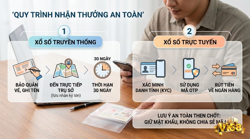 Xổ số là gì? Khám phá trò chơi may mắn, nhận thưởng siêu tốc 3 Quy trình nhận thưởng an toàn xổ số là gì truyền thống (bảo quản vé, đến trụ sở) và trực tuyến (KYC, OTP, rút tiền), cảnh báo không chia sẻ mã OTP